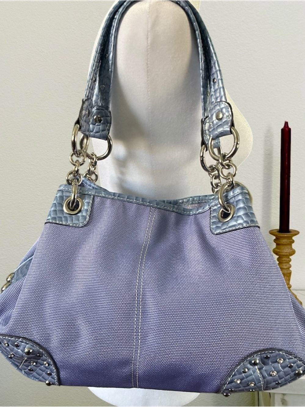 Kathy Van Zeeland purple/lilac crocodile textured handbag with silver studs
